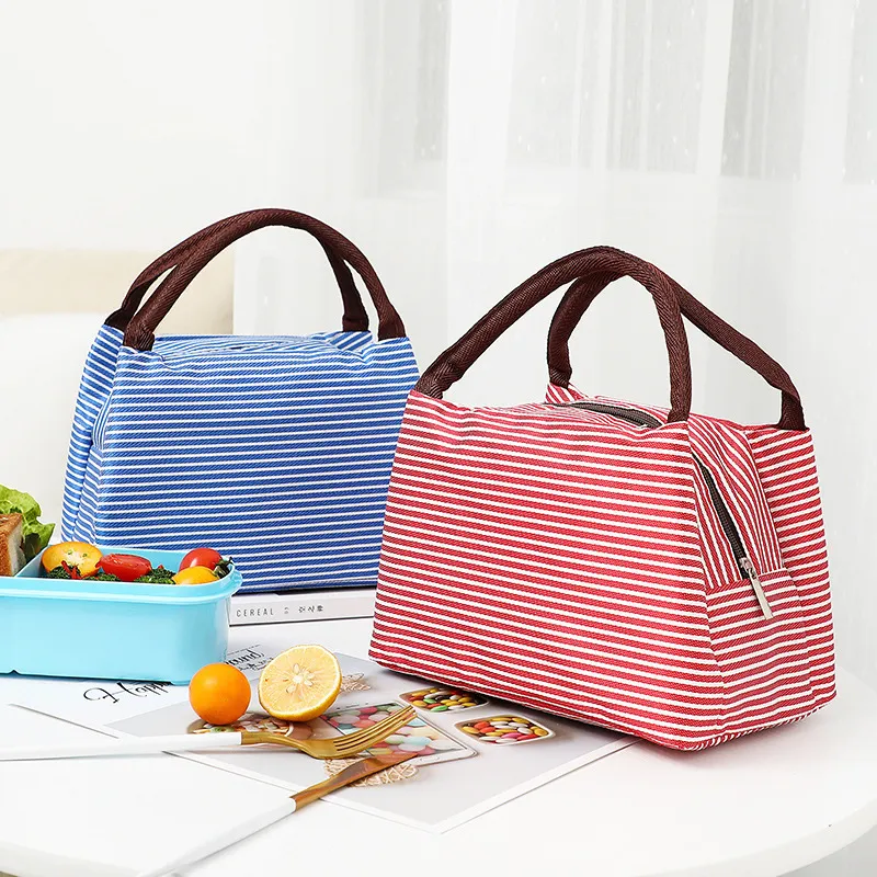 Korean Style Simple Stripe Oxford Lunch Bag Portable Zipper Handle Bag