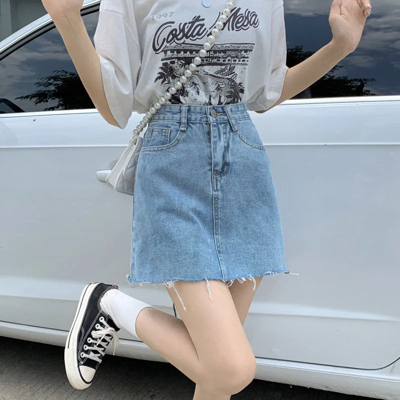 High Waist Women Summer Raw Hem A-Line Denim Skirt
