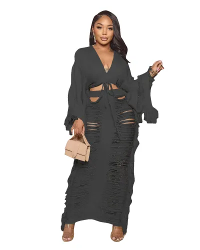 Women Fashion Solid Color Knitted Hollow Long-Sleeved Top And Short Skirt Two-Piece Set