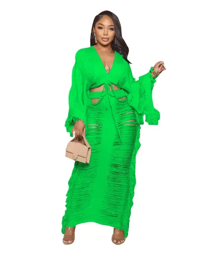 Women Fashion Solid Color Knitted Hollow Long-Sleeved Top And Short Skirt Two-Piece Set