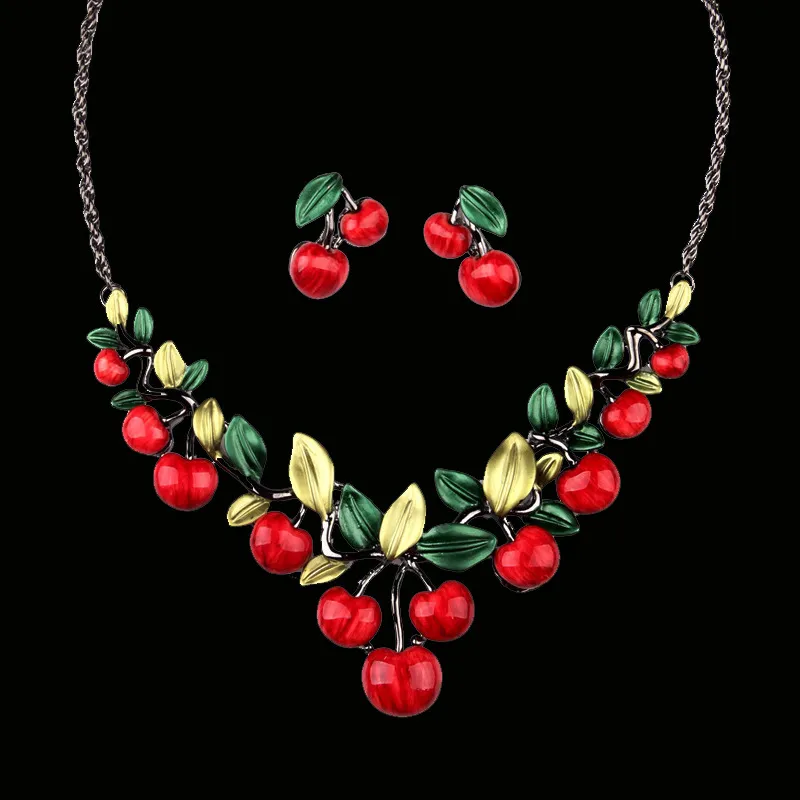 Women Fashion Cute Drip Oil Cherry Stud Earrings Necklace Jewelry Set Alloy Cross Chain