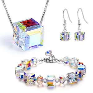 Women's Fashion Colorful Crystal Cube Geometric Beads Bracelet Earrings Necklace Jewelry Set