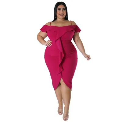 Women Fashion Sexy Solid Color Boat Neck Slip Ruffled Plus Size Dress