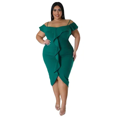 Women Fashion Sexy Solid Color Boat Neck Slip Ruffled Plus Size Dress