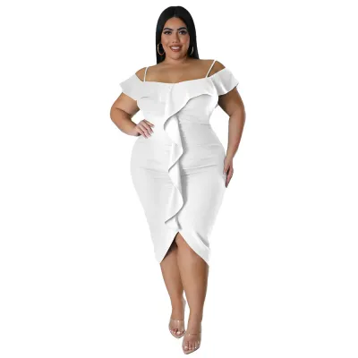 Women Fashion Sexy Solid Color Boat Neck Slip Ruffled Plus Size Dress