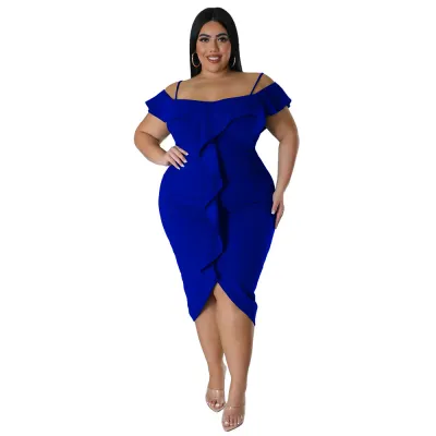 Women Fashion Sexy Solid Color Boat Neck Slip Ruffled Plus Size Dress