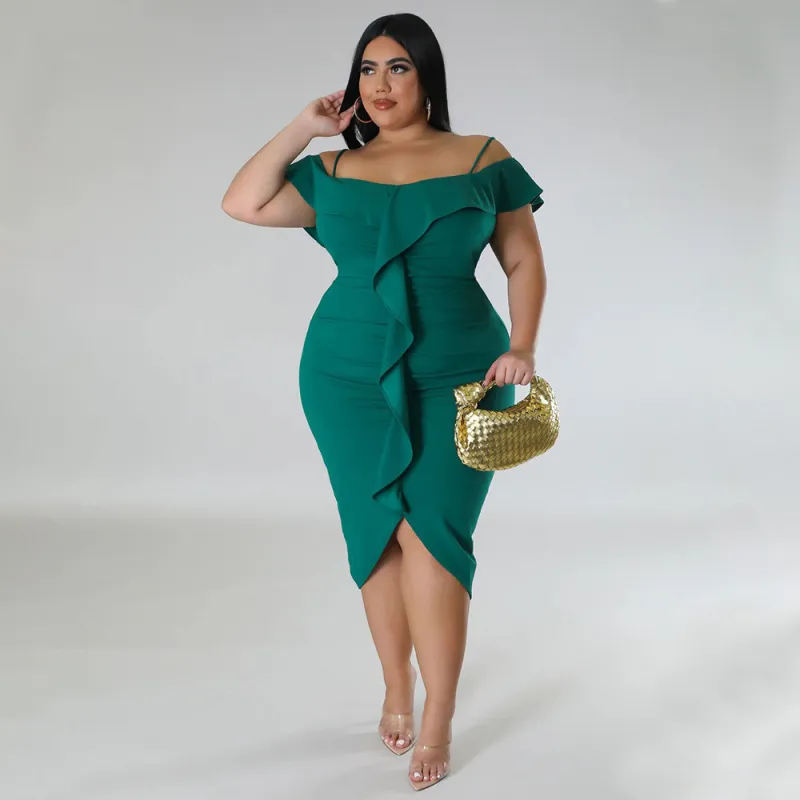 Women Fashion Sexy Solid Color Boat Neck Slip Ruffled Plus Size Dress
