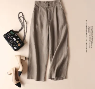 Women Fashion Casual Solid Color Linen Loose Cropped Pants