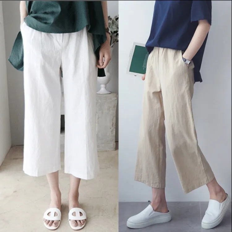 Women Fashion Casual Solid Color Linen Loose Cropped Pants