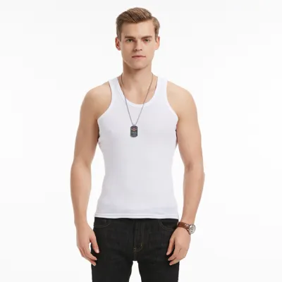 Men's Casual Elastic Slim Sports Vest with Sequins Cotton Solid Color Round Neck Waist Length