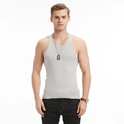 Men's Casual Elastic Slim Sports Vest with Sequins Cotton Solid Color Round Neck Waist Length