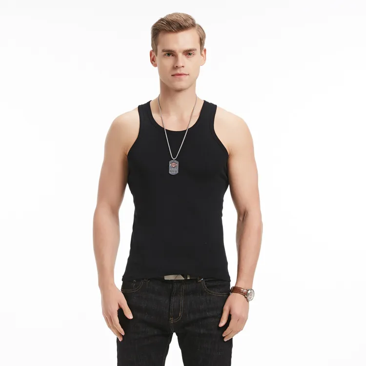 Men's Casual Elastic Slim Sports Vest with Sequins Cotton Solid Color Round Neck Waist Length