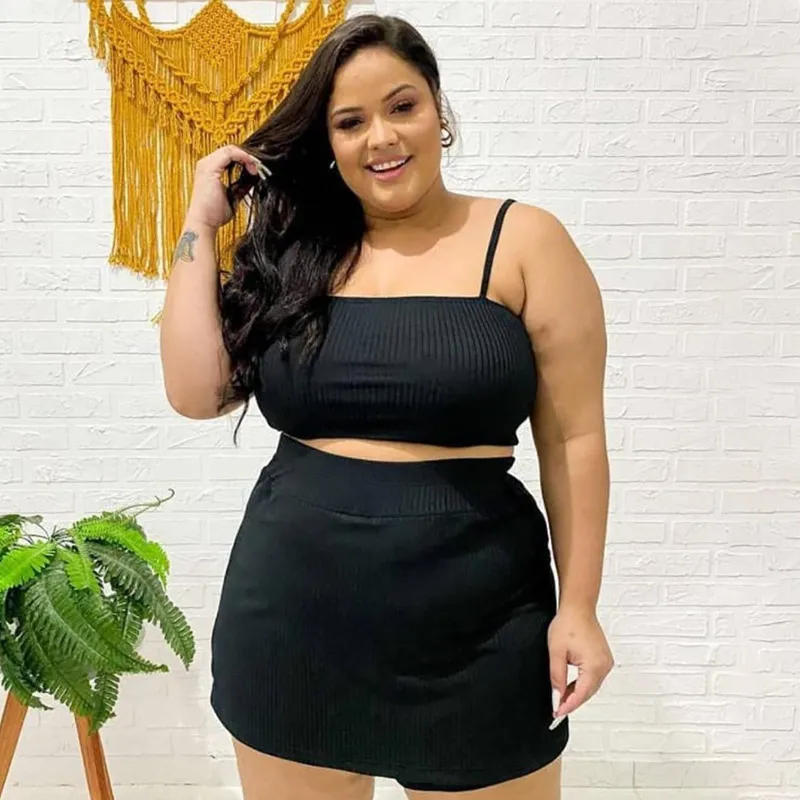 Women Plus Size Sexy Solid Color Camisole Skirt Summer Set