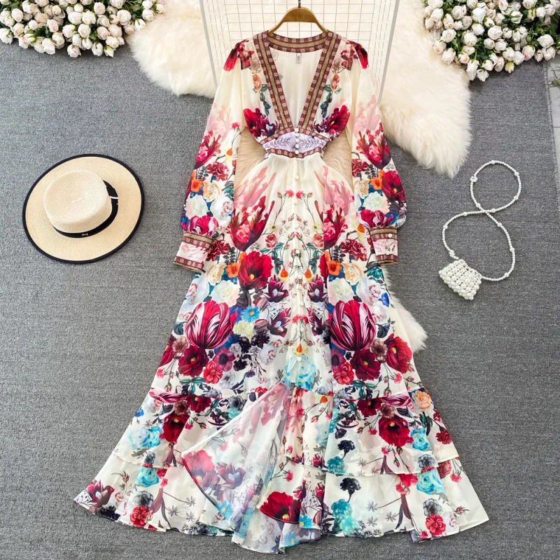 Women Elegant Floral Printed Shirt Dress with V-Neck Long Sleeve and Defined High Waist