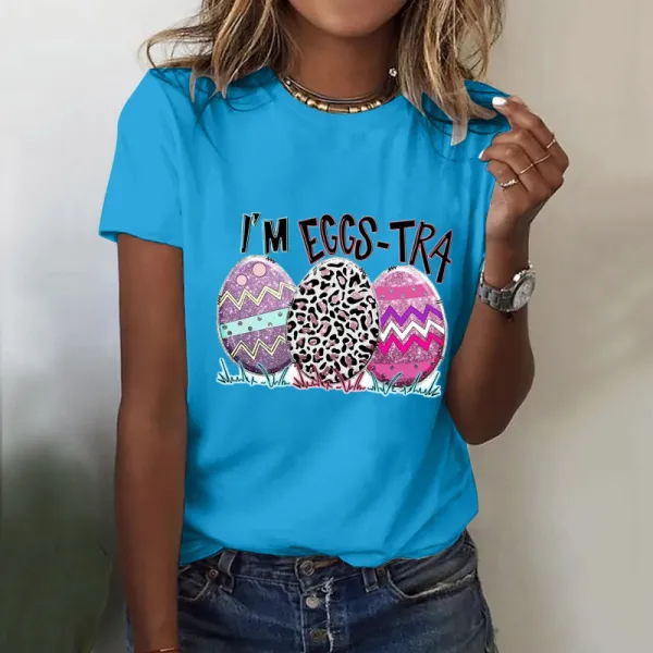 Women Cartoon Easter Egg Graphic Print Round Neck Short Sleeve T-Shirt