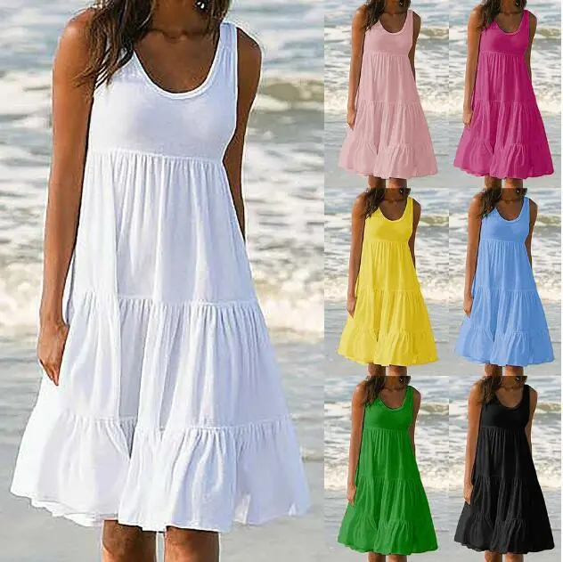 Women Casual Solid Color U-Neck Sleeveless Loose Dress