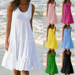 Women Casual Solid Color U-Neck Sleeveless Loose Dress