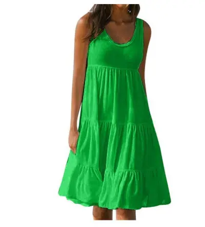 Women Casual Solid Color U-Neck Sleeveless Loose Dress