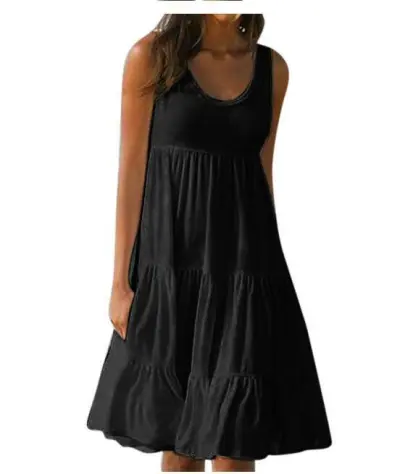 Women Casual Solid Color U-Neck Sleeveless Loose Dress