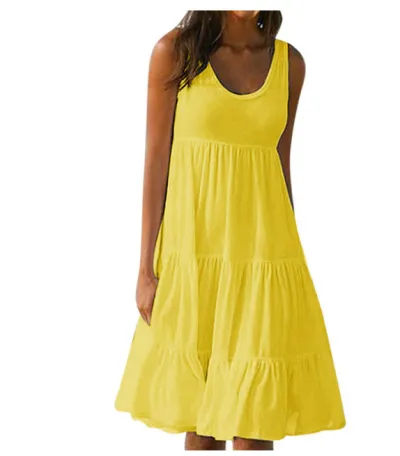 Women Casual Solid Color U-Neck Sleeveless Loose Dress