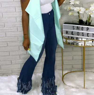 Women Fashion Edgy Solid Color Tassel Straight Jeans