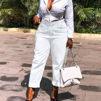 Women Fashion Casual Commuting Solid Color Straight Blank Jeans