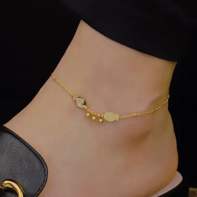 Women Fashion Titanium Steel Ball Bead Pendant Small Fish Anklet