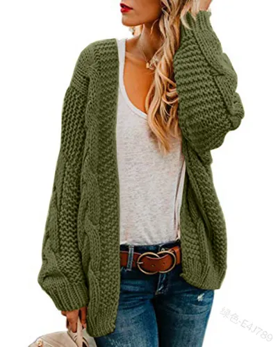 Women Casual Loose Knitted Cardigan Sweater with Pile Sleeves, Solid Color, Mid-Length, Office Commuting