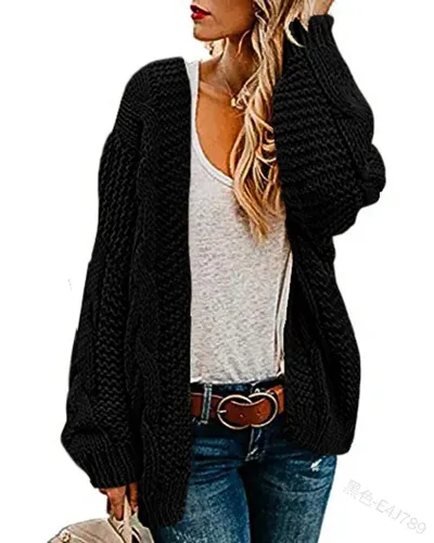 Women Casual Loose Knitted Cardigan Sweater with Pile Sleeves, Solid Color, Mid-Length, Office Commuting