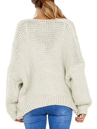 Women Casual Loose Knitted Cardigan Sweater with Pile Sleeves, Solid Color, Mid-Length, Office Commuting