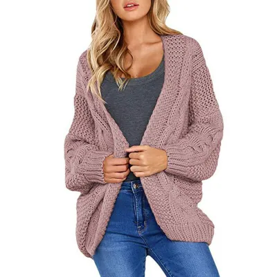 Women Casual Loose Knitted Cardigan Sweater with Pile Sleeves, Solid Color, Mid-Length, Office Commuting
