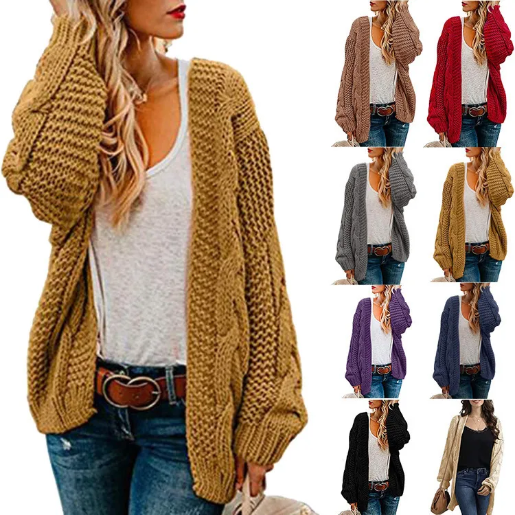 Women Casual Loose Knitted Cardigan Sweater with Pile Sleeves, Solid Color, Mid-Length, Office Commuting