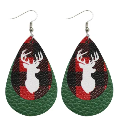 Women Fashion Christmas Double-Decked Leather Santa Claus Elk Dwarf Truck Drop Earrings