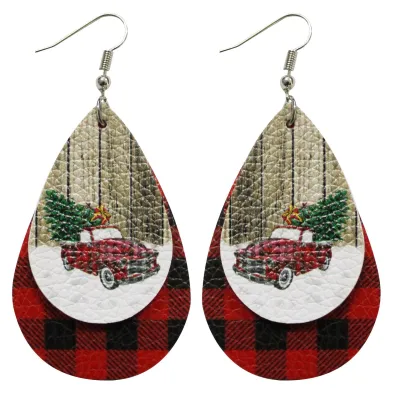 Women Fashion Christmas Double-Decked Leather Santa Claus Elk Dwarf Truck Drop Earrings