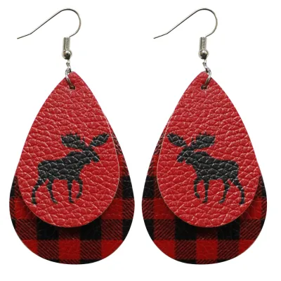 Women Fashion Christmas Double-Decked Leather Santa Claus Elk Dwarf Truck Drop Earrings