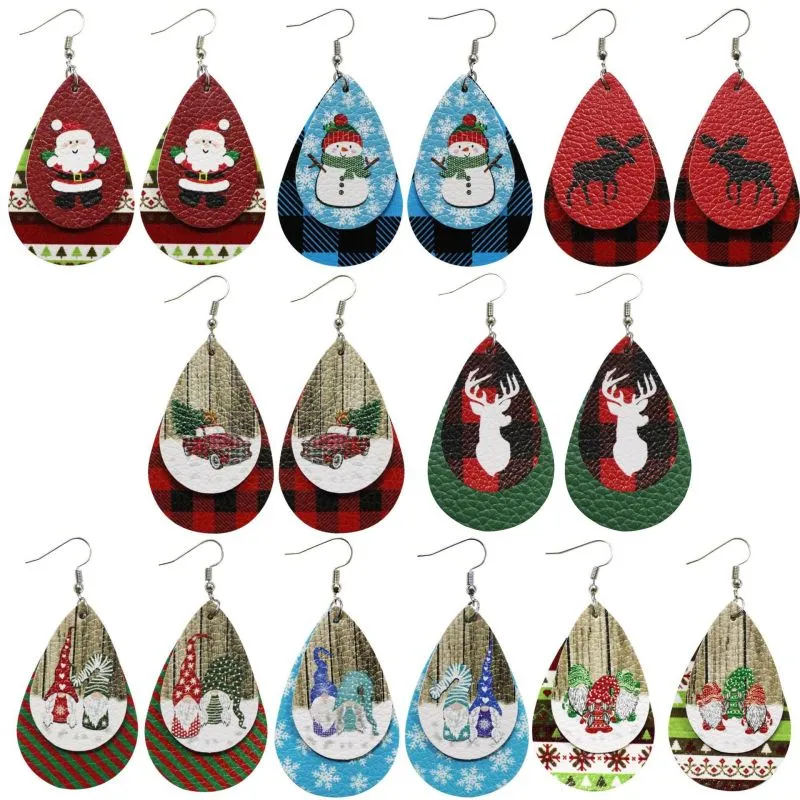Women Fashion Christmas Double-Decked Leather Santa Claus Elk Dwarf Truck Drop Earrings