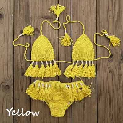 Women Sexy Vacation Solid Color Tassel Knitted Halter Neck Bikini Swimsuit 2pcs Set