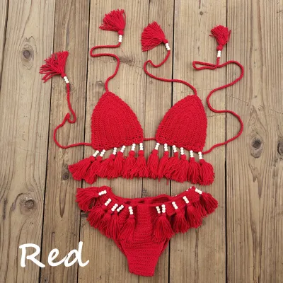 Women Sexy Vacation Solid Color Tassel Knitted Halter Neck Bikini Swimsuit 2pcs Set