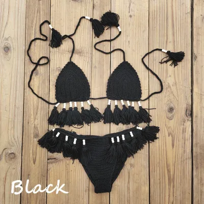 Women Sexy Vacation Solid Color Tassel Knitted Halter Neck Bikini Swimsuit 2pcs Set