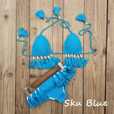 Women Sexy Vacation Solid Color Tassel Knitted Halter Neck Bikini Swimsuit 2pcs Set