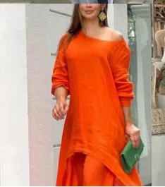 Women Casual Solid Color Cotton Linen Irregular Long-Sleeved Top Wide-Leg Pants Set