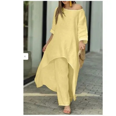 Women Casual Solid Color Cotton Linen Irregular Long-Sleeved Top Wide-Leg Pants Set