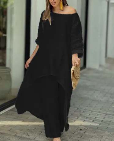 Women Casual Solid Color Cotton Linen Irregular Long-Sleeved Top Wide-Leg Pants Set