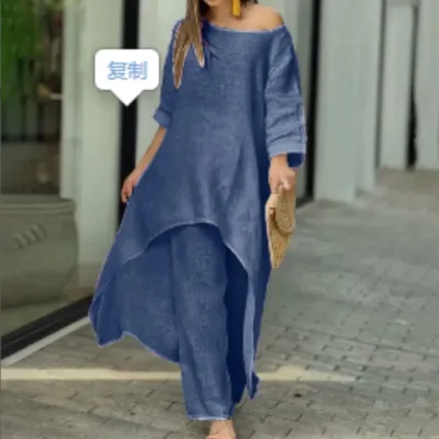 Women Casual Solid Color Cotton Linen Irregular Long-Sleeved Top Wide-Leg Pants Set