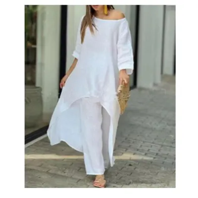 Women Casual Solid Color Cotton Linen Irregular Long-Sleeved Top Wide-Leg Pants Set