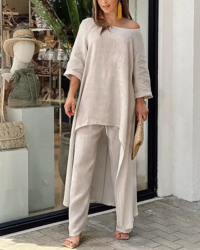 Women Casual Solid Color Cotton Linen Irregular Long-Sleeved Top Wide-Leg Pants Set