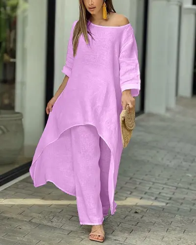 Women Casual Solid Color Cotton Linen Irregular Long-Sleeved Top Wide-Leg Pants Set