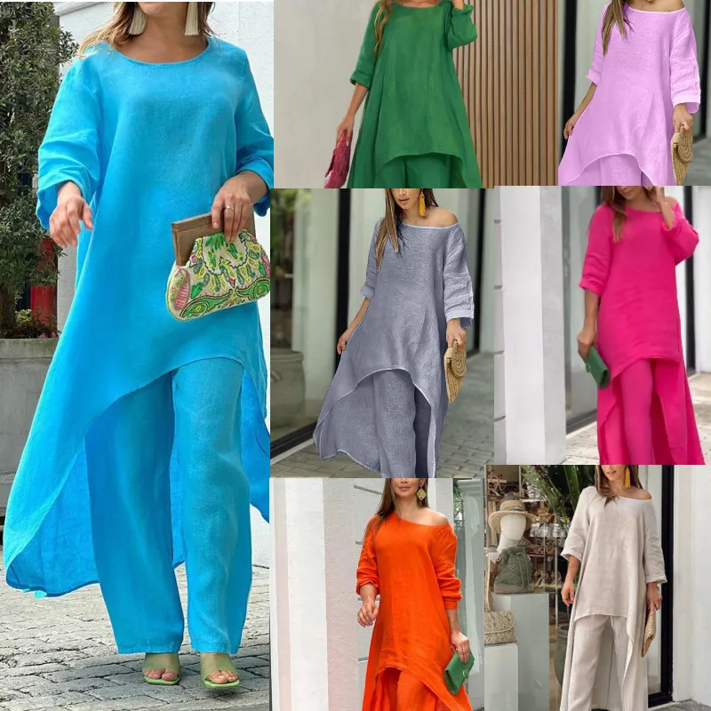 Women Casual Solid Color Cotton Linen Irregular Long-Sleeved Top Wide-Leg Pants Set