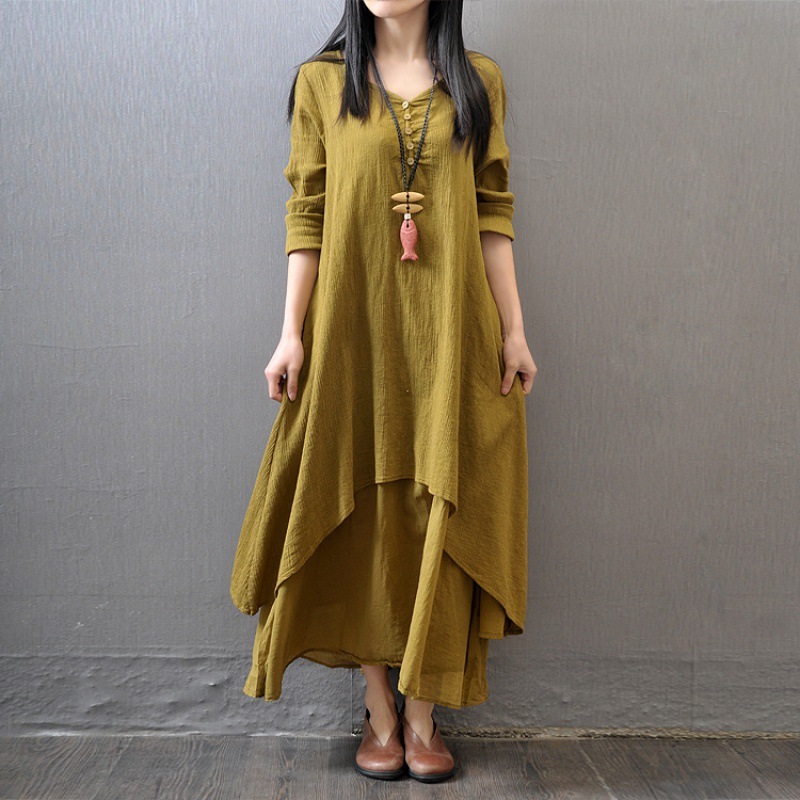Wholesale Women Fashion Literary Solid Color Linen Long