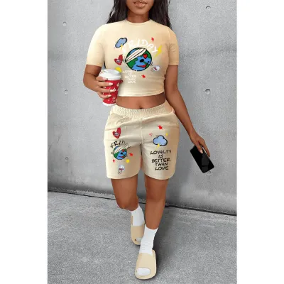 Casual Summer Women Earth Printing Short Sleeve T-Shirt Shorts Two-Piece Set
